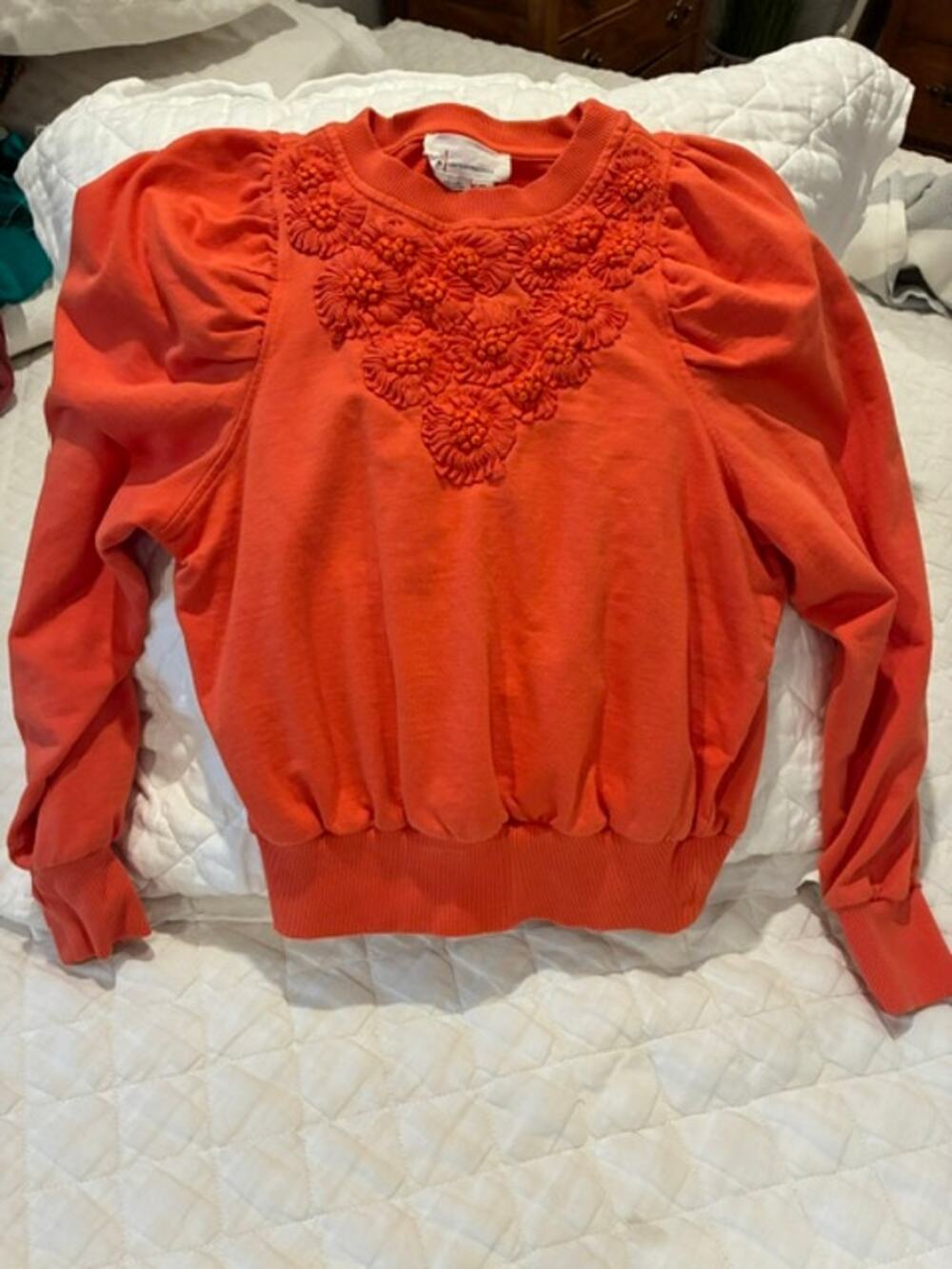 Anthropologie Burnt Orange Floral Textured Sweatshirt XS Puff Sleeve